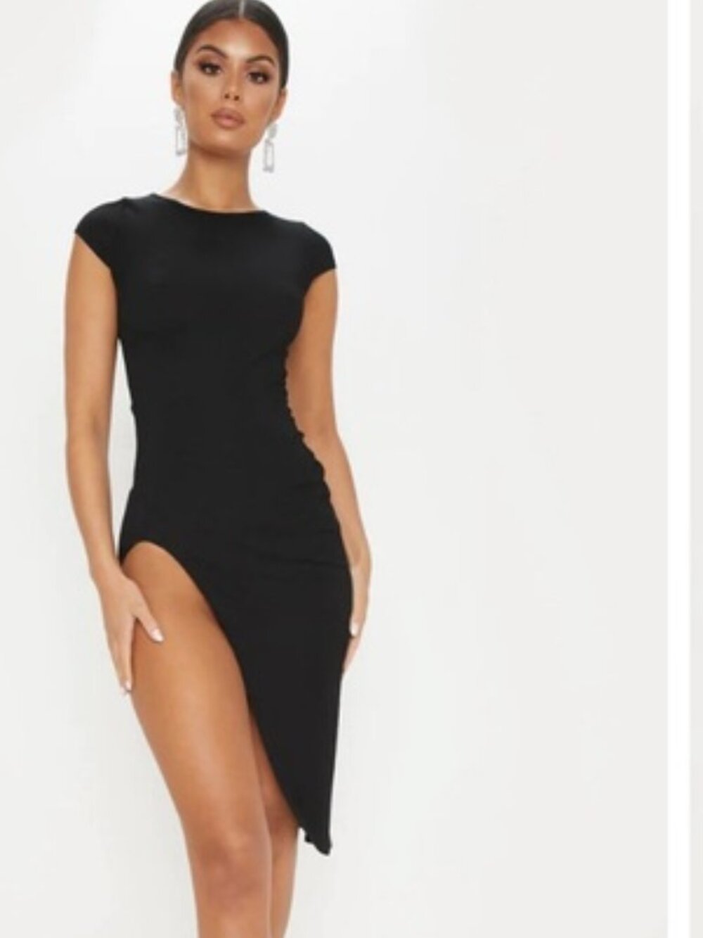 NWT PrettyLittleThing Black Ribbed Bodycon Midi Dress Cap Sleeve Size 6